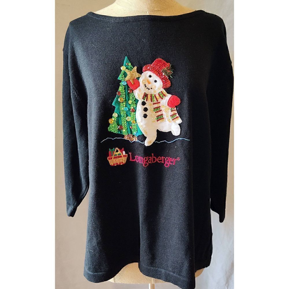 LONGABERGER HOMESTEAD Sweater Black with beaded snowman. Size XL. NWT